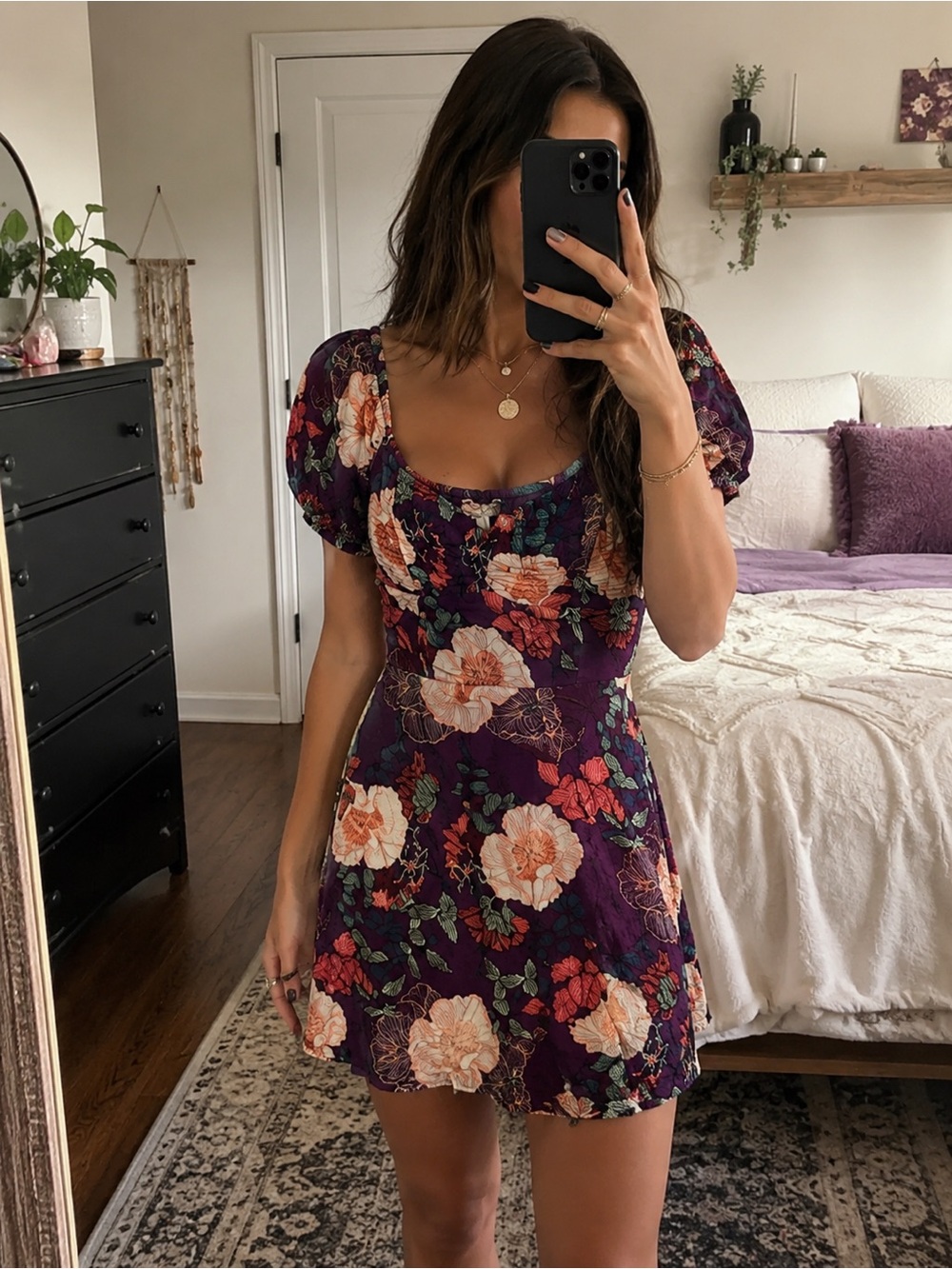 Women’s Floral Puff-Sleeve Mini Dress in Plum